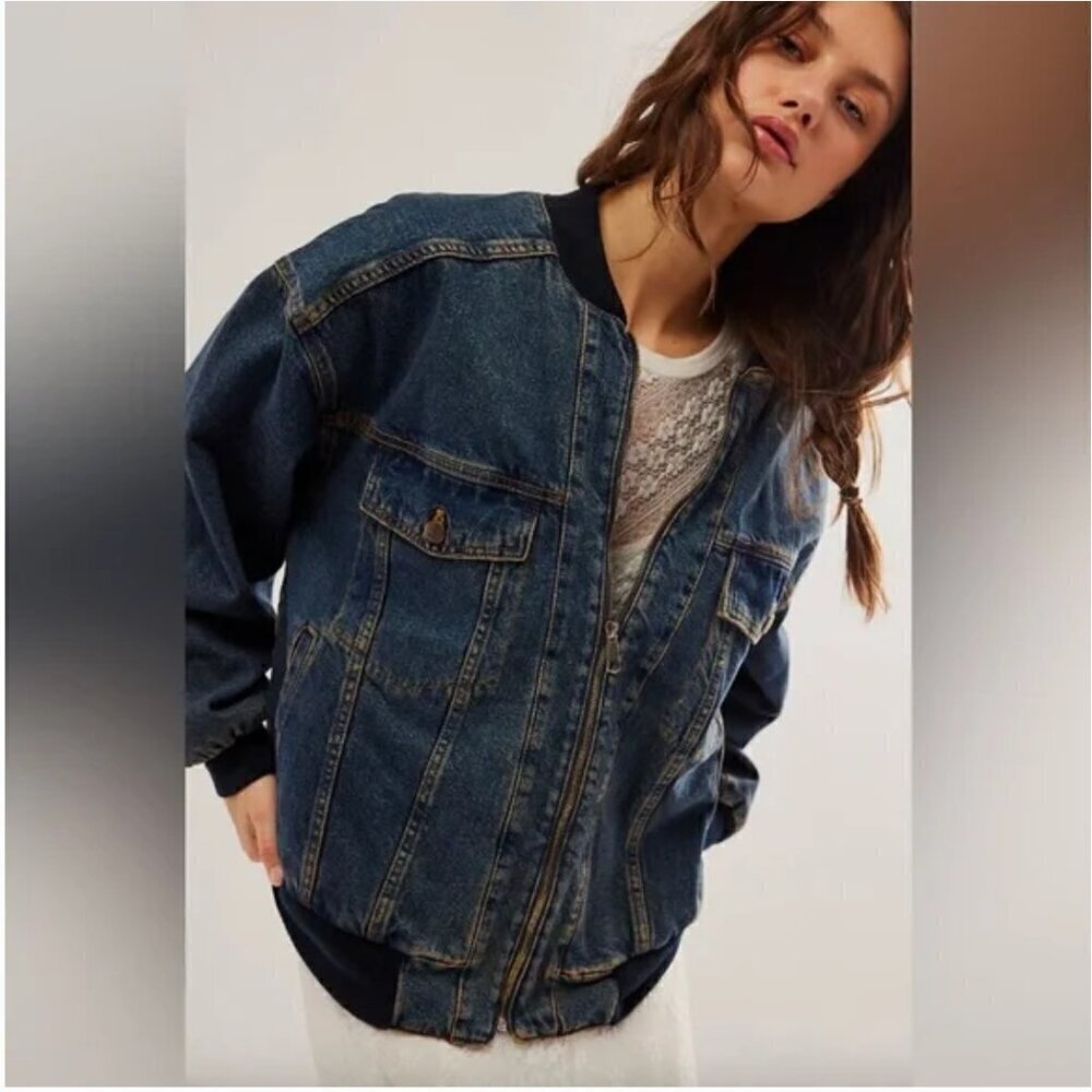 NWT We The Free Denim Stadium Jacket Bomber Indigo Blue - Picture 2 of 9